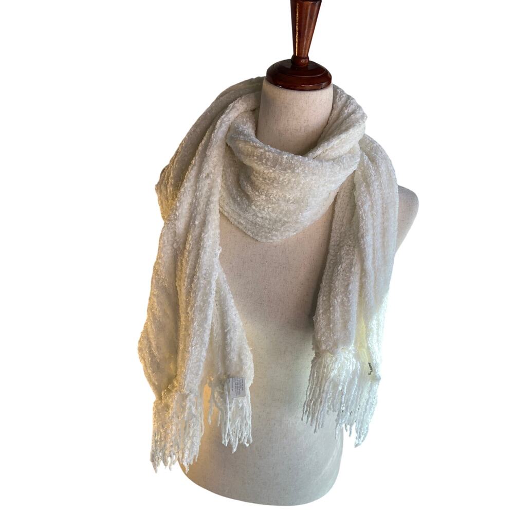 White Textured Boucle Fringe Scarf Long Cozy Winter Wrap